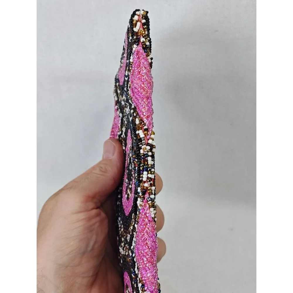 Vintage Pink Black Concentric Circle Seed Beaded Wristlet Clutch Evening Bag